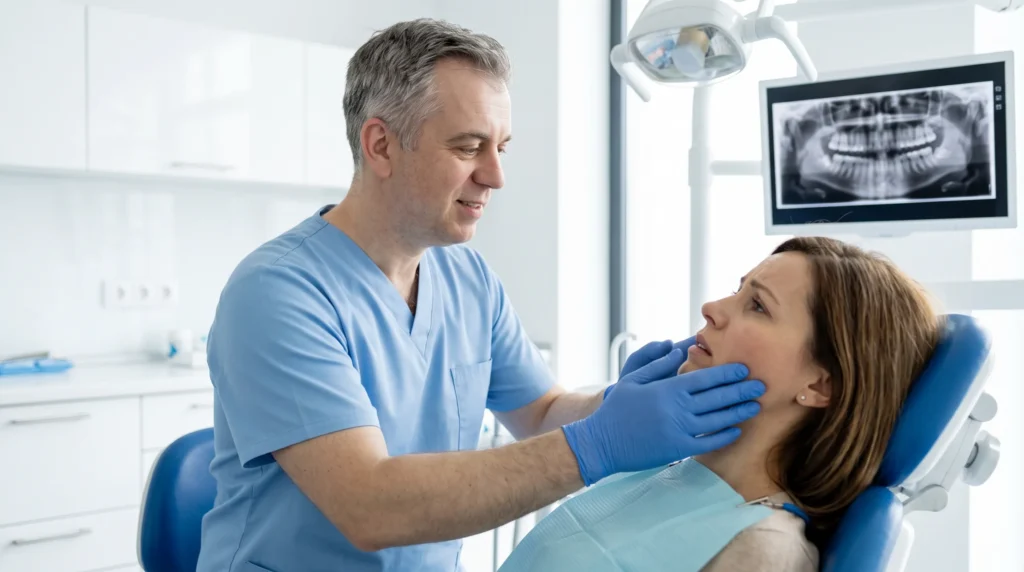 Dentista che visita una paziente con la guancia gonfia per un ascesso dentale