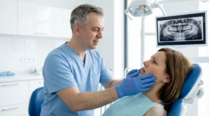 Guida alla Salute Dentale 4 Dentista che visita una paziente con la guancia gonfia per un ascesso dentale
