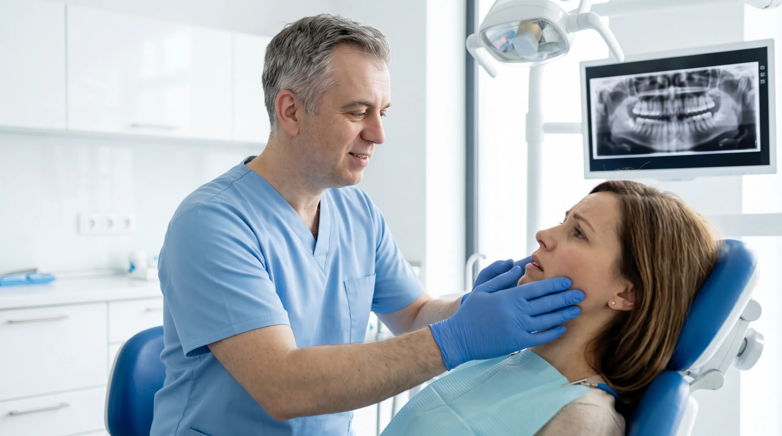 Dentista esamina la guancia gonfia di una paziente, ascesso dentale - Studio Scannicchio Milano