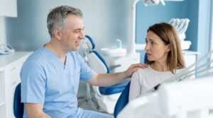 Guida alla Salute Dentale 3 Dentista rassicura una paziente ansiosa, paura del dentista - Studio Scannicchio Milano