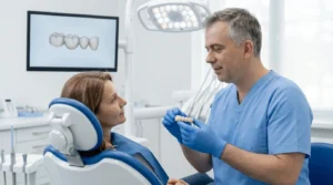 Guida alla Salute Dentale 6 Il dottor Scannicchio mostra a una paziente un ponte dentale fisso nello studio di Milano
